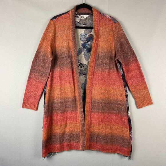 John Mark Long Cardigan Sweater Womens Large Floral Knit Fringe Boho Artsy - Picture 1 of 15